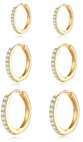 HESSAWELL Gold Hoop Ohrringe für Frauen Gold plattiert Cubic Zirkonia Hoop Ohrringe Set Mens Lightweight Huggie Hoops Hypoallergenic Gold Ohrringe Set für Frauen Modeschmuck 3 Größen