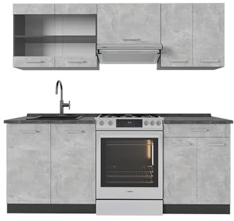 Vicco Küchenzeile R-Line, Küchenblock, Beton/Anthrazit, 200 cm, AP Anthrazit