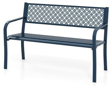 KOMFOTTEU 2-3 Sitzer Gartenbank Metall Wetterfest, Sitzbank mit ergonomischer Rückenlehne & Armlehnen, Terrassenbank 127 x 59 x 82 cm, Parkbank für Hof, Patio (Blau)