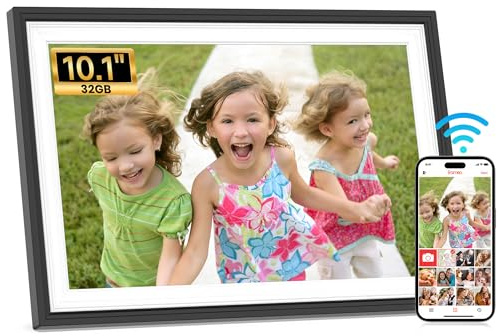 Frameo WLAN Digitaler Bilderrahmen 10,1 Zoll, HD 1280 * 800 IPS Touchscreen Elektronischer FotoRahmen mit 32GB Speicher, Auto Drehung, Einfache Weitergabe von Fotos Videos über Frameo App