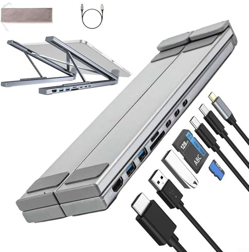 Laptop Docking Station Stand 8-in-1 USB-C Hub with 4K, Dual USB-A, Dual USB-C PD 100W, SD/TF Card Slots, Adjustable Ergonomic Aluminum Alloy Design for Desktop or Travel, Silver