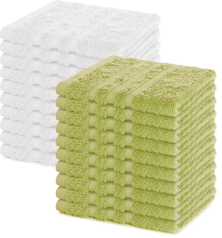 Lavea® Seiftuch 20er Set 30x30 cm, Lindgrün & Weiß | 100% Baumwolle, hochwertige Seiftücher und Gästehandtücher, saugstark, waschbar und strapazierfähig – Frottierserie Elena