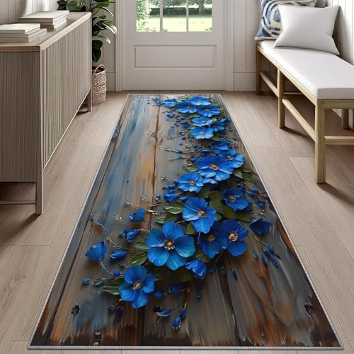 Rustic Cabin Blaues 3D-Blumenmuster Teppich Läufer 60x200cm, Rustikales Holzmaserungsmuster Teppichläufer, Vintage-Blumenmuster Teppichläufer, rutschfest Teppich für Wohnzimmer, Flur, Küche