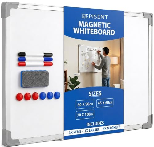 EPISENT Magnetic Whiteboard 90 x 60 cm, Wall Mounted Dry Wipe Board | Aluminium frame, pen tray, smooth dry erase surface, wall fixings included, for home office school classroom