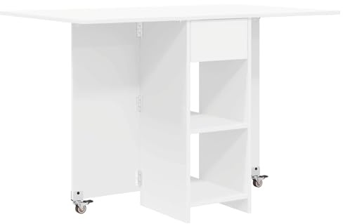 HETFTJN Esstisch ausziehbar klappbar 115 x 70 x 75 cm Küchentisch Weiß Holzwerkstoff platzsparender Klapptisch rechtwinklig für Esszimmer und Küche mit 2 Regalen und 1 Schublade