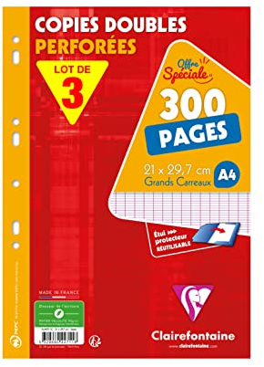 Clairefontaine 447111AMZC Lot de 3 Étuis de Copies Doubles Perforées - A4 21x29,7 cm - 300 Pages Grands Carreaux - Papier Blanc 90 g - Étui Réutilisable