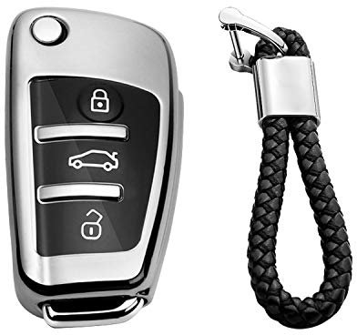 M.JVisun Doux TPU Clef Coque Porte-clés pour Audi A1 A3 A4 A6 A8 Quattro Q2 Q3 Q7 R8 RS3 RS6 S3 S6 TT TTS Pliant Clé de Voiture - Brillant Argent - Tressé Porte-clés