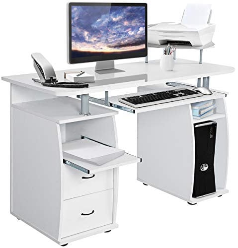 COSTWAY Scrivania Salvaspazio, Scrivania con Cassetti, Vassoio per Tasteriera, Ripiani e Porta Stampante, Scrivania Porta PC per Ufficio e Studio, 120 x 55 x 76 cm, Portata 60 kg (Bianco)