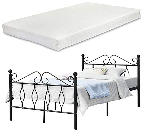 [en.casa] Metallbett Apolda 120x200 cm Jugendbett mit Matratze und Lattenrost Einzelbett mit Kaltschaummatratze bis 300kg Schwarz
