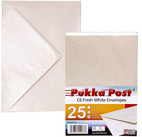 Pukka Pad, Pukka Post & Packaging Gummed Envelopes - Pack of 25, Ready-to-Seal, Durable 100GSM Postal Envelopes for Letters, Invitations, and Other Mail - 114 x 162mm, Size C6, Fresh White