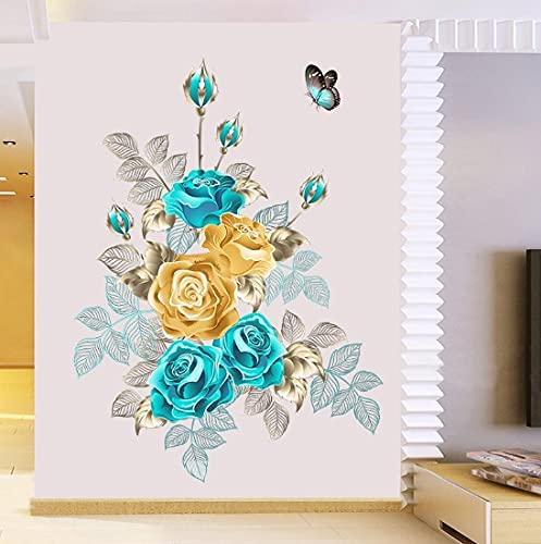 COVPAW® Wandtattoo Wandaufkleber XXL Rosen Blau Gelb Blumen Wandsticker Wandbild Bilder Wohnzimmer Schlafzimmer Deco