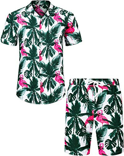 J.VER Mens Hawaiian Shirt and Shorts Co ord Set Green Summer Casual Funky Ugly Flamingo Tropical Floral Beach Holiday Shirts Outfit L