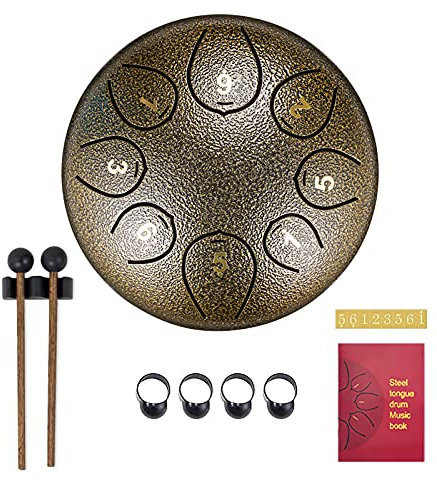 SONARIN Zungentrommel Steel Tongue Drum 8 Noten 6 Zoll,StahlZungentrommel Percussion Instrument Handpan Drum mit Reisetasche,2 Drumsticks,Musikbuch,4 Fingerabdeckung,für Meditation Yoga(Bronze)