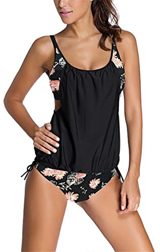 Aleumdr Damen Tankini Set Sportlich Badeanzug Bauchweg Frau Bademode Badeanzüge Sommer Tankini Set mit Dreieck Unterhosen Badebekleidung Zweiteiliger Push up UV Schutz,Schwarz XXL