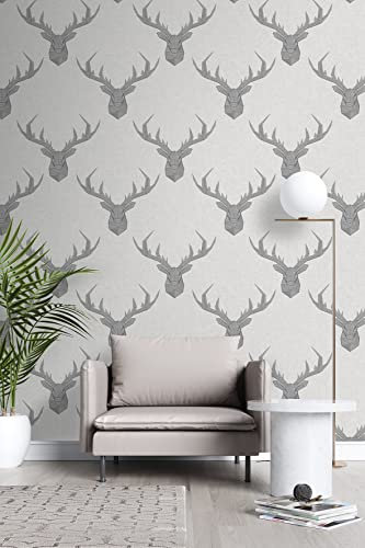 Wallpaper Empire Nina Hancock Designer Geometric Stag White Linen and Grey