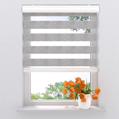 Radeco® Doppelrollo mit Kassette 210 x 175 cm (BxH) hellgrau, Blickdicht oder Transparent, ohne Bohren möglich, doppelrollo wandmontage, Duo Rollo, doppelrollo 210 cm breit