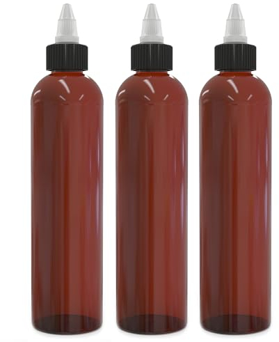 BRIGHTFROM Twist Top Applicator Bottles 8 OZ, Squeeze Empty Plastic Bottles, Black Nozzle, BPA-Free, PET, Refillable, Open/Close Nozzle - Multi Purpose (Amber) Pack of 3