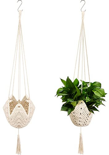 Macrame Jute Crochet Boho Plant Hanger - Large Indoor/Outdoor Hanging Wall Plants with S-Shaped Hooks - White, 4 Pieces