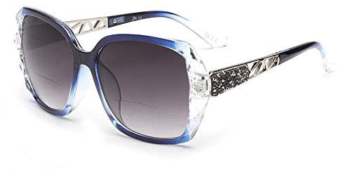 JM Bifokale Lese-Sonnenbrille, übergroße Sonnenleser-Gläser für Frauen UV-Schutz im Freien Klares Blau +3.5