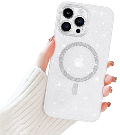 Newseego Glitter Clear iPhone 13 Pro Max Case Girls Women [Compatible with MagSafe], Magnetic Phone Case Sparkly Bling Slim Shockproof Camera Protection Bumper Cover for iPhone 13 Pro Max-White