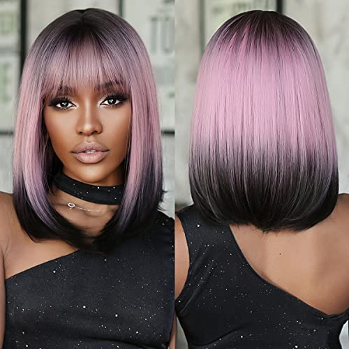 Allbell Schwarz Rosa Ombre Bob Perücken für Frauen Kurze Gerade Perücken mit Bangs Cosplay Party Natürlich aussehende Haarersatz