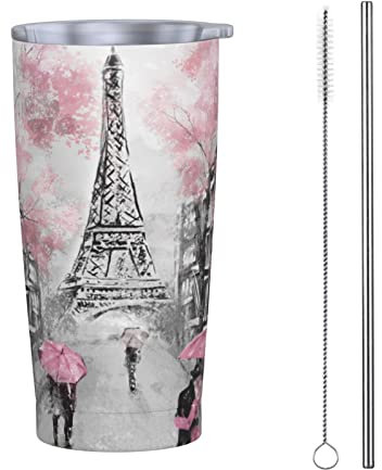Dujiea Gobelet de 591 ml avec couvercle et paille, tasse à café glacé réutilisable en acier inoxydable, motif Tour Eiffel pour amoureux de Paris Rose