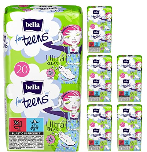 bella for teens Ultra Binden Relax: Ultradünne Binden für Teenager, 6er Pack (6 X 20 Stück), Mit Flügeln + Frischeduft