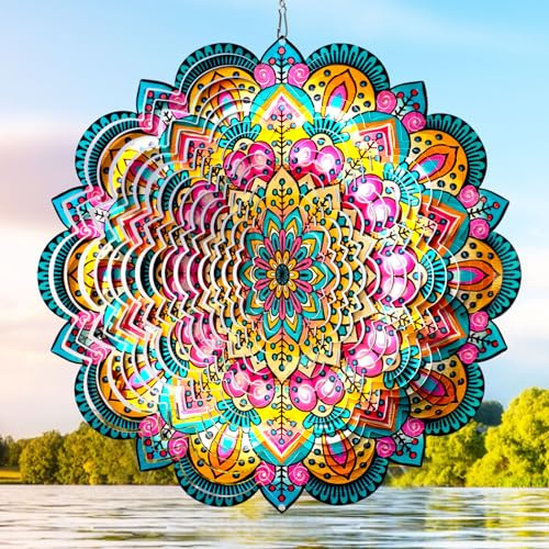 Aoedelyart Windspiel für den Außenbereich, Mandala, Glücksstern, lasergeschnittenes Metall, kinetische Kunst, Windspiel, Geschenk für Weihnachten, 30,5 cm, Edelstahl, zum Aufhängen von Hof und Garten,