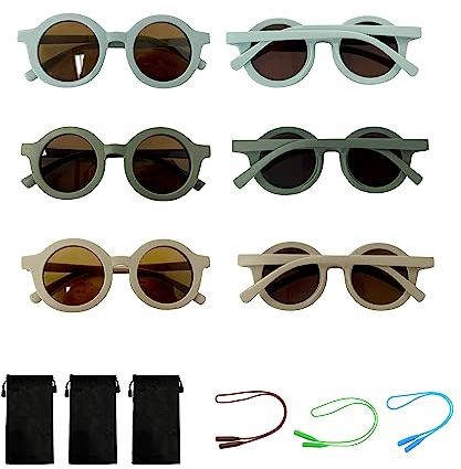Occhiali Rotondi da Sole per Bambini 3 Pezzi - Stile Retrò per Adolescenti e Bambini di età 1-8 Anni