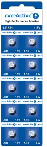 everActive AG0 / G0 / LR521 / LR63 Button Cell Batteries 1.5 V Alkaline Mini Battery Long Shelf Life Pack of 10 - Blister Card