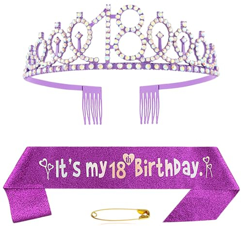 18. Geburtstag Schärpe Und Tiara Krone Lila Kristall Geburtstagkrone Set Lila Geburtstagskrone Schärpe Deko Birthday Crown für Mädchen Frauen Birthday Party Accessoires Geburtstagsdeko 18