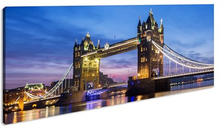 Leinwandbild Tower Bridge leuchtet hell im abendlichen London Panorama Format: 100x50 cm XXL Kunstdruck Bild auf Keilrahmen/Wandbild/Wohnzimmer Deko