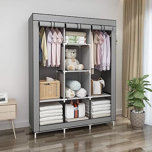 Armadio in Tessuto, Guardaroba Pieghevole Salvaspazio, Appendiabiti, Scaffale per Borse, Giocattoli, Scarpe, Soggiorno, Camera da Letto, 150 x 45 x 170 cm (Grigio)