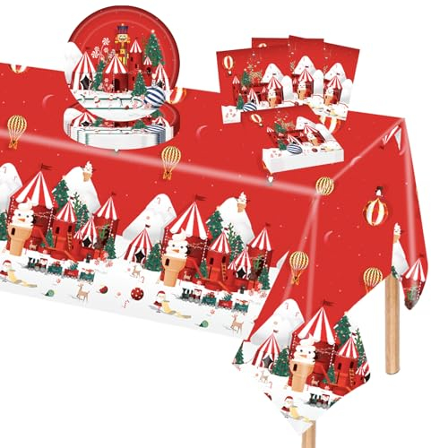 POPOYU 37Pcs Christmas Party Tableware Set Xmas Paper Plates 9 Inch Napkins Table Cloth,Nutcracker Red Merry Christmas Paper Dinnerware Set for Christmas Winter New Year Birthday Party Decorations