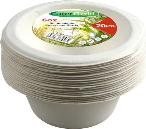 Sturdy Disposable Bagasse Paper Bowls Eco-Friendly Biodegradable Sugarcane (6oz 20pk)