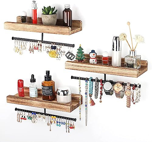 Emfogoo Porte Bijoux Murale, Rangement Bijoux et Etagere Murale Bois 2 en 1, Presentoir Bijoux Mural de Rangementen Maximal 20Kg, Arbre a Bijoux pour Collier, Anneau, des Boucles d'oreilles Montre