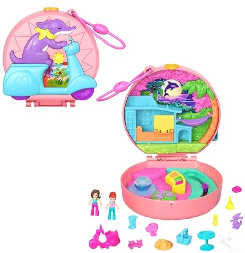 Polly Pocket-Puppen und Spielset, Adventure Moped-Schatulle, Reisespielzeug mit 2 kleinen Puppen und Tier, Zubehörteile für Tier und Fahrzeug, HWN98