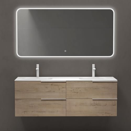 doporro Meuble de Salle de Bains 144 cm avec Double Lavabo Ensemble de 3 Pièces Vasque Miroir LED et Meuble sous Vasque Chêne Clair Design Vanessa