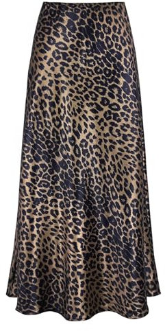Outoshe Damen-Maxirock aus Satin, hohe Taille, versteckter elastischer Bund, A-Linie, langer Rock, braun (leopardenmuster), Klein