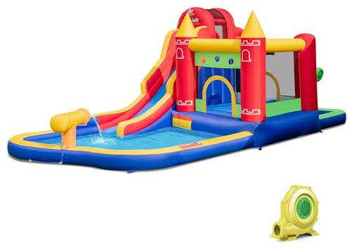 LIFEZEAL Castello Gonfiabile Bambini, Parco Acquatico, Giochi, con Soffiatore, Scivolo, 2 Piscine, Trampolino, Arrampicata, Canestro, Sacco da Boxe, Cannone dell’Acqua, Palline, Interno, Esterno