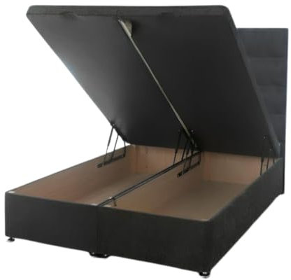Divan Beds Deals – Charcoal Chenille Double Ottoman Bed | Gas Lift Bed with 48 Inch Horizontal Line Headboard 10 Inch Spring Memory Foam Mattress