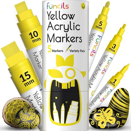 5 Acrylic Paint Pen - Extra Fine Tip, Thin & Jumbo (1mm, 3mm, 6mm, 10mm, 15mm) - Multi-Purpose Yellow Paint Marker for Metal, Fabric, Canvas, Wood, Rock, Glass - Water-based Ink