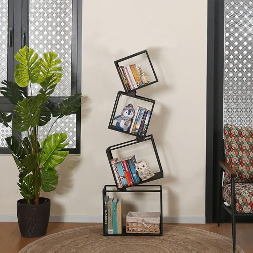 Vonkinka Bücherregal, 4 Ebenen Bücherregal, 125cm Standregal, Regal für Wohnzimmer, Schlafzimmer, Kinderzimmer, Schwarz (mit Installationsvideo)