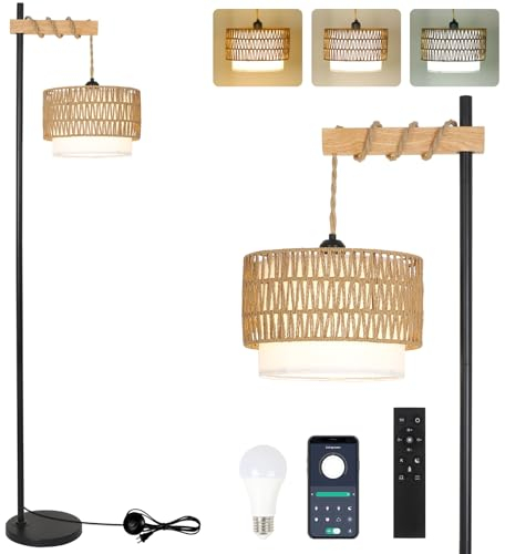Rayofly Lampadaire en Rotin Salon, Lampadaire à Intensité Variable avec Télécommande, Contrôle App, Lampadaire Boho avec Abat-jour en Rotin, Lampadaire en Bois Vintage pour Chambreu (Ampoule Incluse)