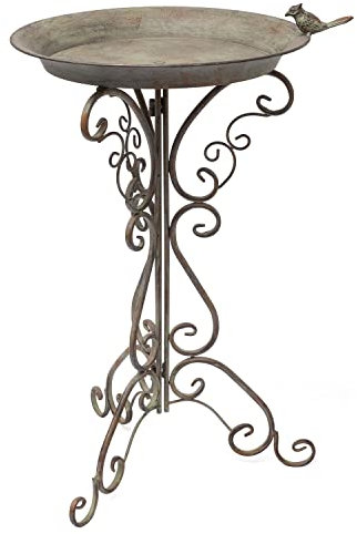 Moritz Vogeltränke Vogelbad antik grün mit kleinem Vogel auf der Wasserschale Höhe 73cm stehend Vogelbecken Wassertränke verziert Garten frostsicher