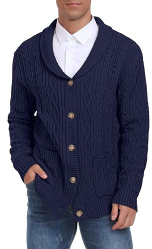 Hisir Mens Cardigans Shawl Knit V-Neck Classic Long Sleeve Casual Cardigan Buttons Sweater with Pockets (Navy Blue, XXL)