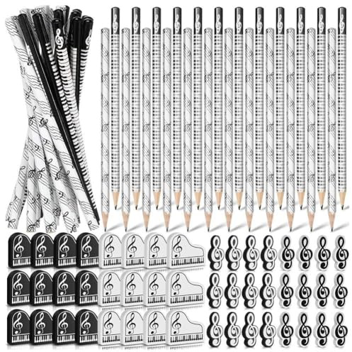 CosyCaya Musikstifte, Musiknoten-Bleistift mit Radiergummis zum Thema Musik, Holzstifte, GroßPackung, Tastatur, Lustige Bleistifte, Radiergummis, Geschenk (96 StüCk)