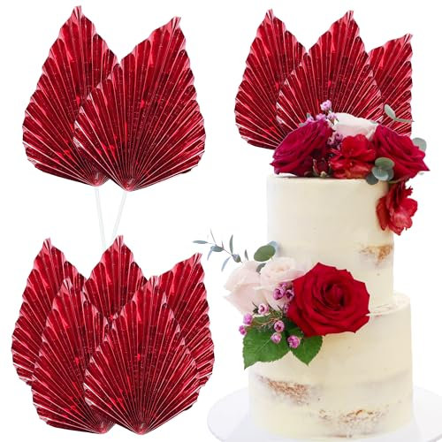 Ephlyn 6Pcs Paper Palm Leaves Fan Cake Toppers Palm Leaf Fan Cake Picks Craft DIY Fan Cupcake Toppers Palm Spear Leaves Cake Decorations for Baby Shower Wedding Birthday Party Supplies Bright Red