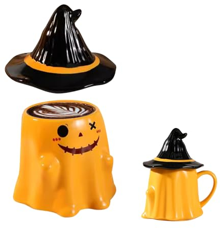 Keramik Halloween Kaffeetasse mit Hexenhut Deckel und Griff, Niedliche Kaffeebecher Deko Becher Thema Party Geschenke für Frauen Männer