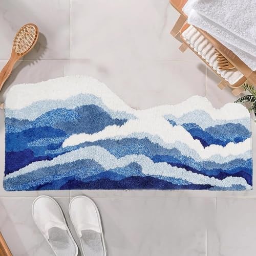Blaue 3D‑Wellen Badezimmerteppich, TPR Rutschfester Badvorleger 50×120 cm | Weicher Mikrofaser & Saugstarker Badteppich für Badezimmer, Duschausgang, Schlafzimmer‑Bettkante, Küche & Neben Badewanne